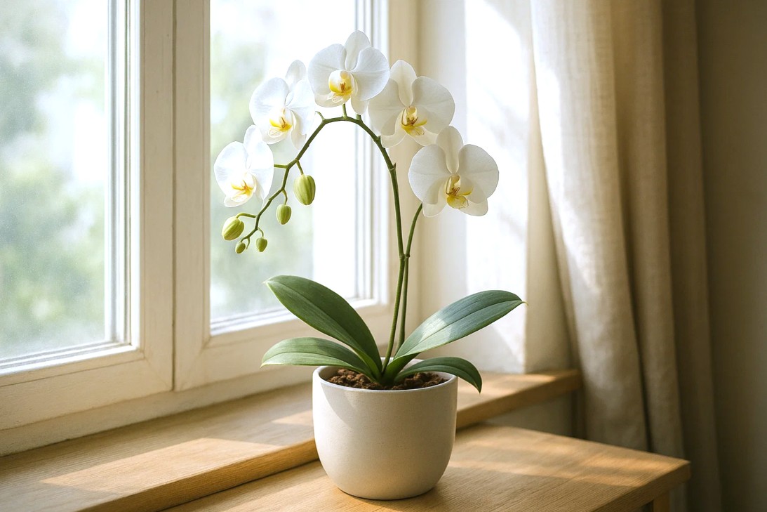 Plantelys 40 Phalaenopsis orkidé i potte ved vindue med blødt naturligt lys