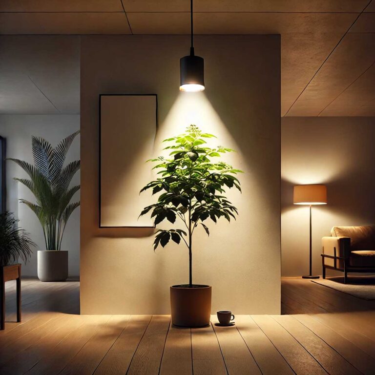 grolys taklampa över kaffeträd