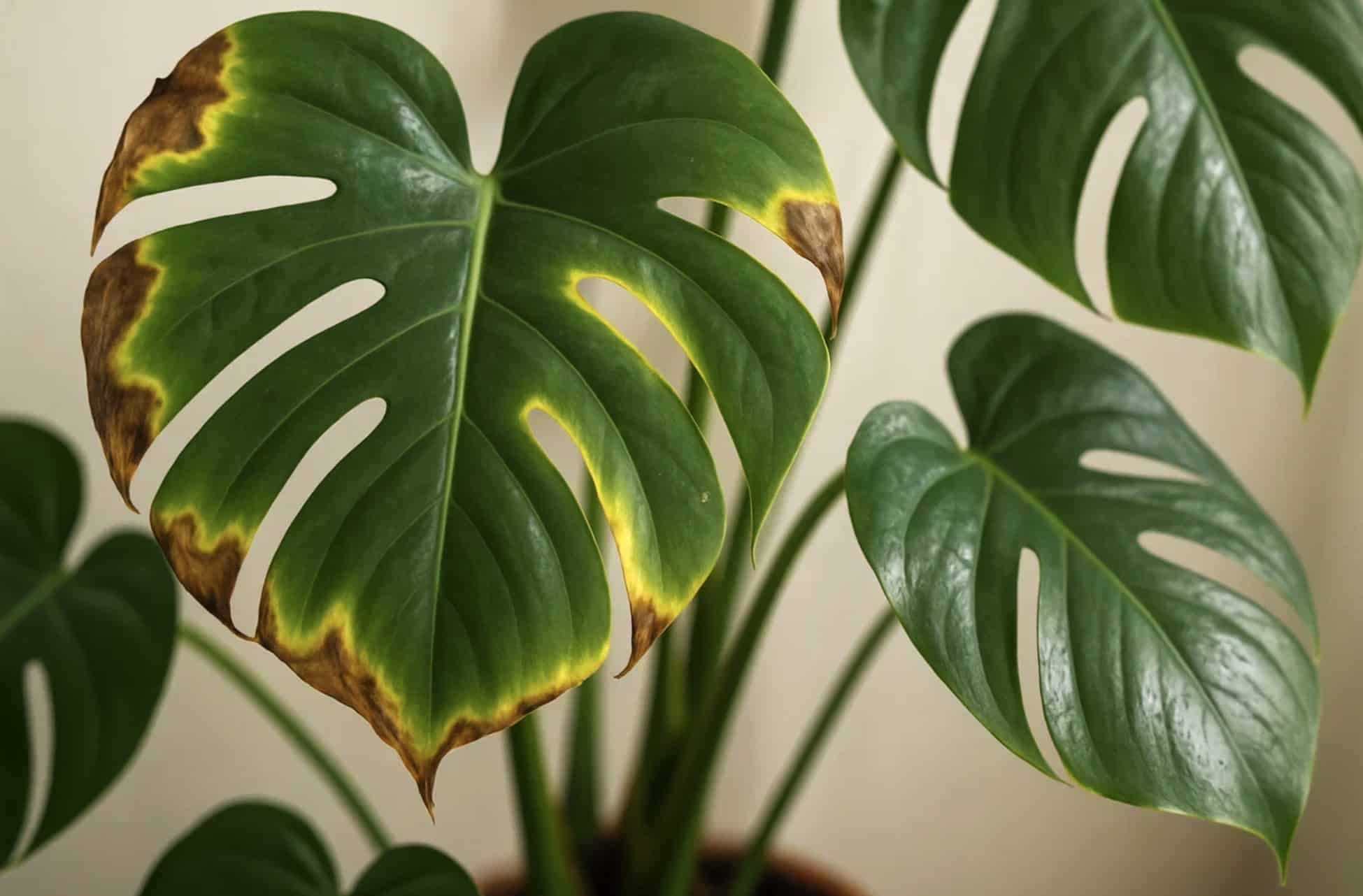 Pasning af Monstera (Fingerfilodendron) – Lys, vand og gødning 17 Monstera deliciosa med brune bladspidser og gul halo omkring pletterne på grund af vandingsproblemer eller svamp