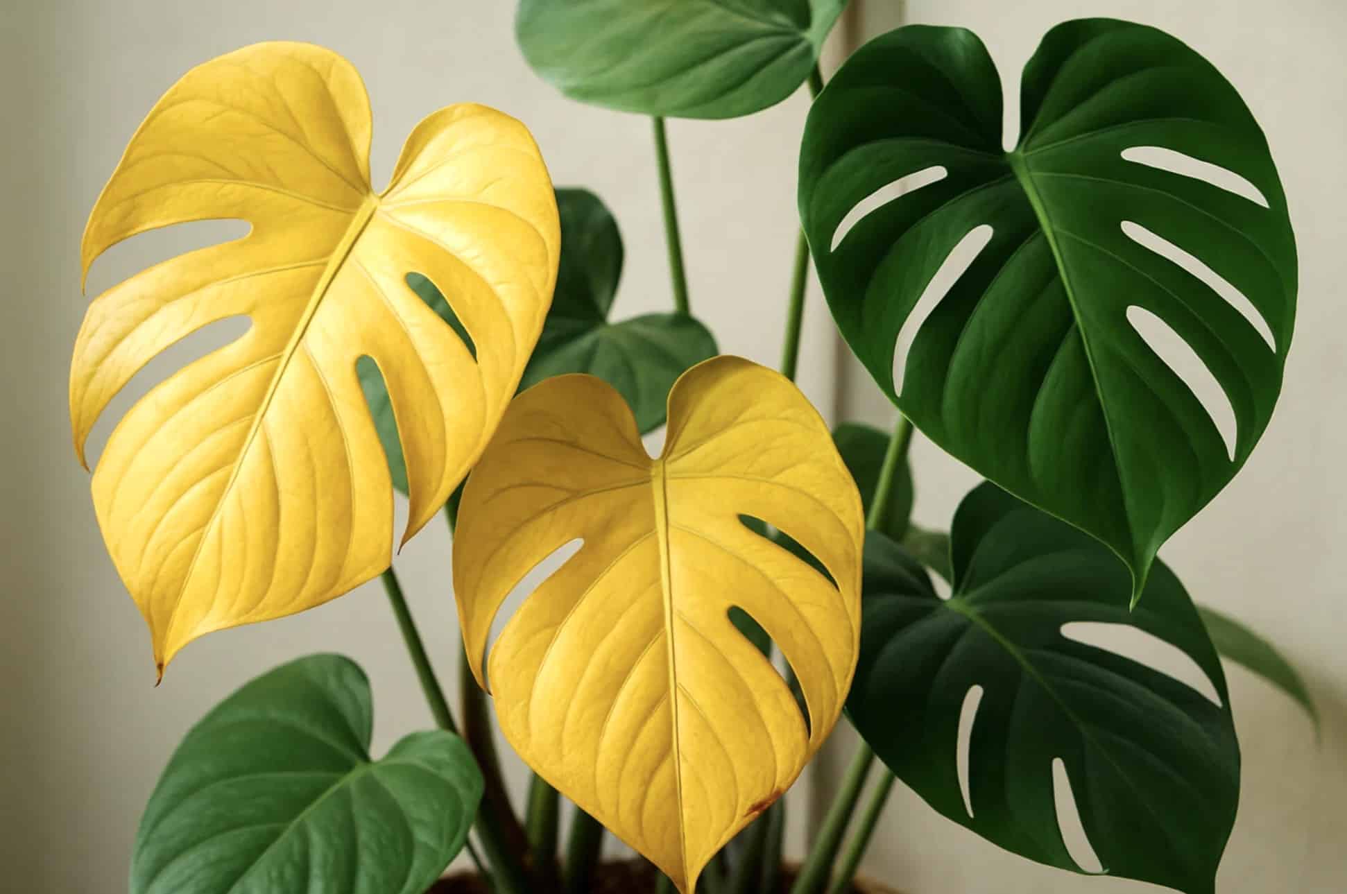 Pasning af Monstera (Fingerfilodendron) – Lys, vand og gødning 18 Monstera deliciosa med gule blade som tegn på overvanding, næringsmangel eller aldring