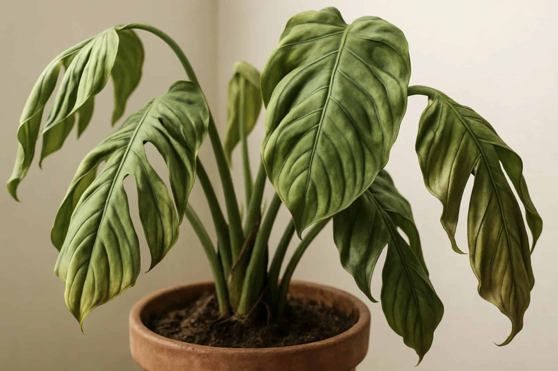 Pasning af Monstera (Fingerfilodendron) – Lys, vand og gødning 19 Monstera deliciosa med visnende og faldende blade på grund af overvanding eller undervanding