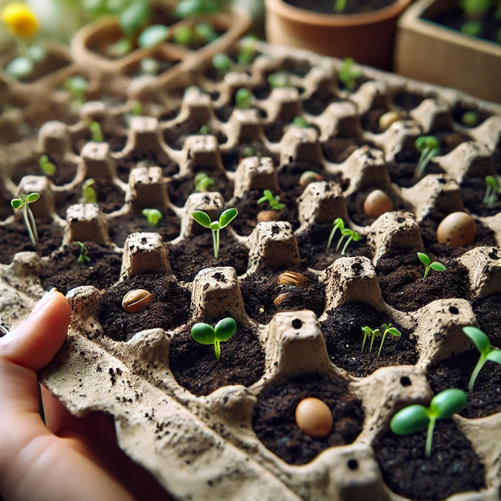 DALL·E 2025 02 25 13.20.12 A natural and realistic photograph like image of seed sowing using recycled egg cartons. The egg cartons are repurposed as seed trays each compartmen