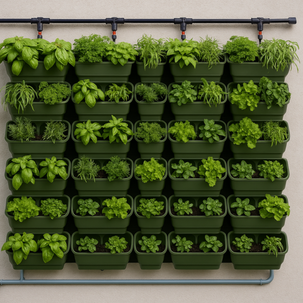 Hydroponisk plantevæg med 56 plantepotter