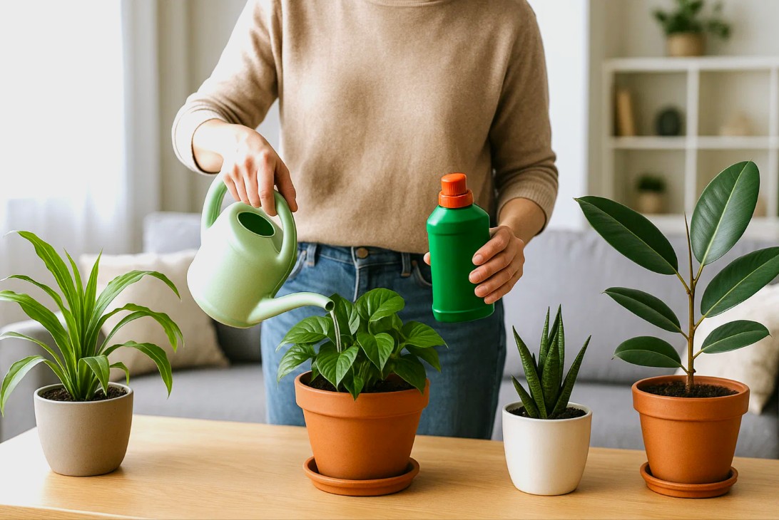 Plantelys 41 Person der gøder stueplanter med flydende gødning i en lys stue