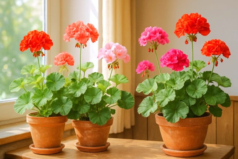 Pelargonier (geraniums) i potter indendørs med grønne blade og blomster