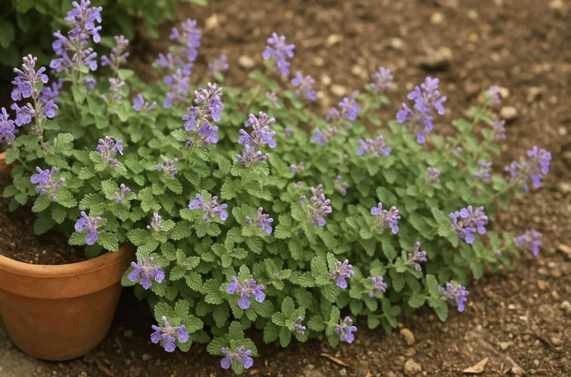 Kattmynta & kattmynta - Tips för egen odling i trädgården 3 Nepeta mussinii lågväxande kattmynta med lila blommor i kruka och rabatt
