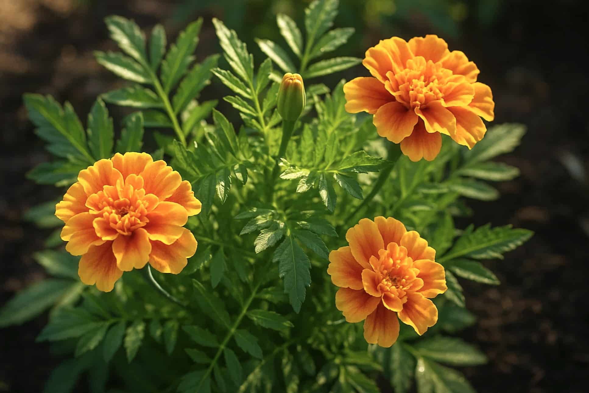 Tagetes – Enkel blomma att odla 13 Närbild på friska ringblommor med gröna blad och blommor.