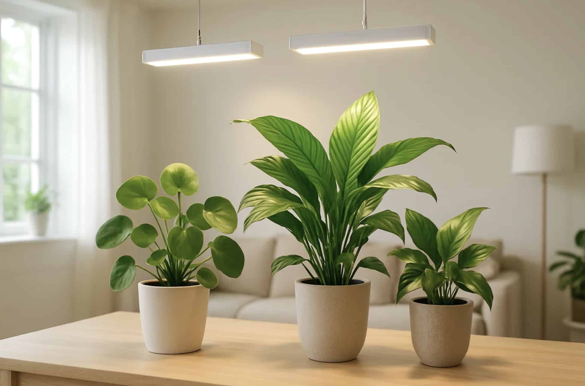 Vad är fotosyntes? 1 Växter under LED-växtlampor i vardagsrummet, som främjar fotosyntesen och en sund tillväxt under vintern.