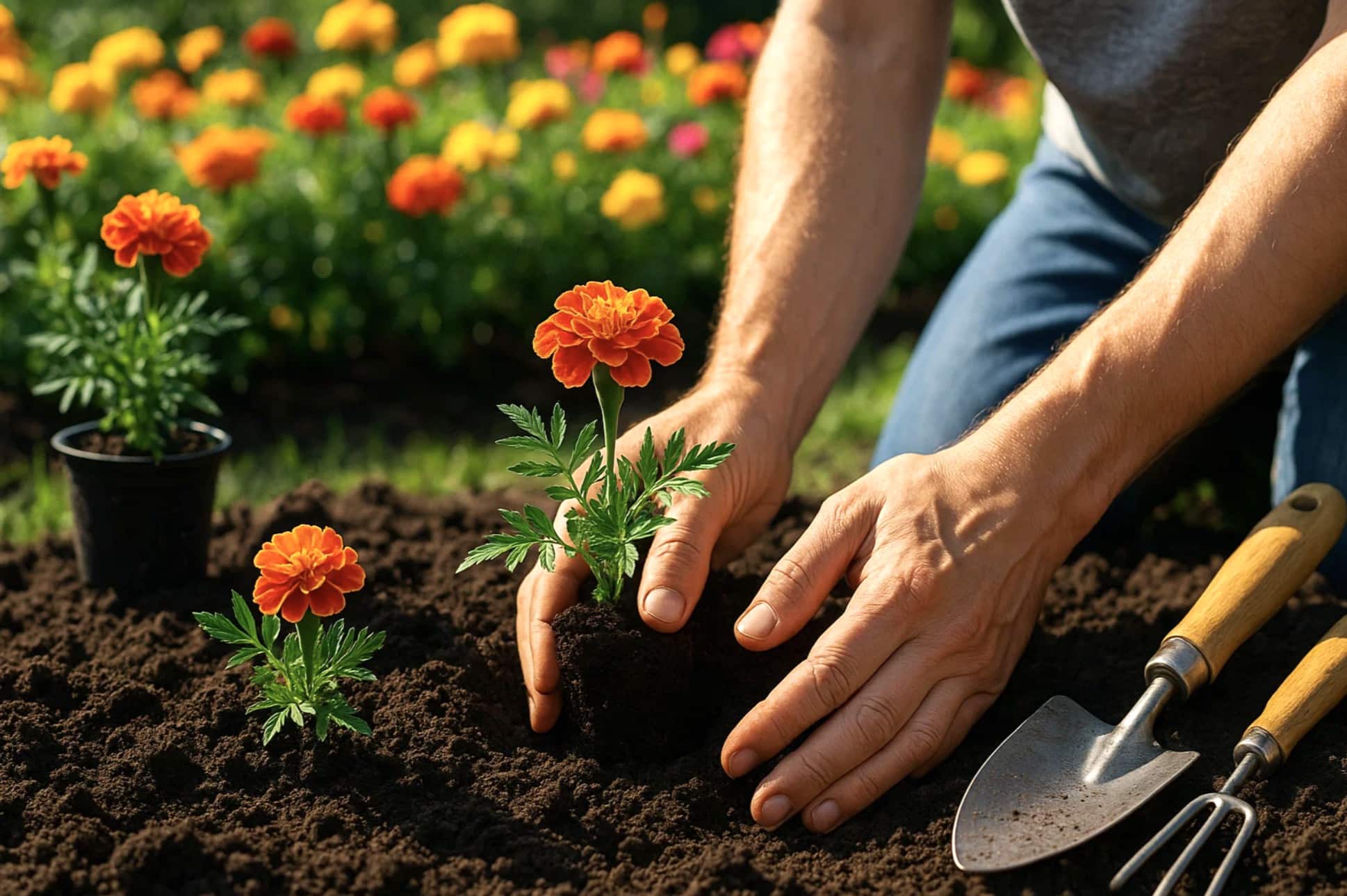 Tagetes - Lättodlad blomma 12 Person som planterar ringblommor i trädgården en solig dag
