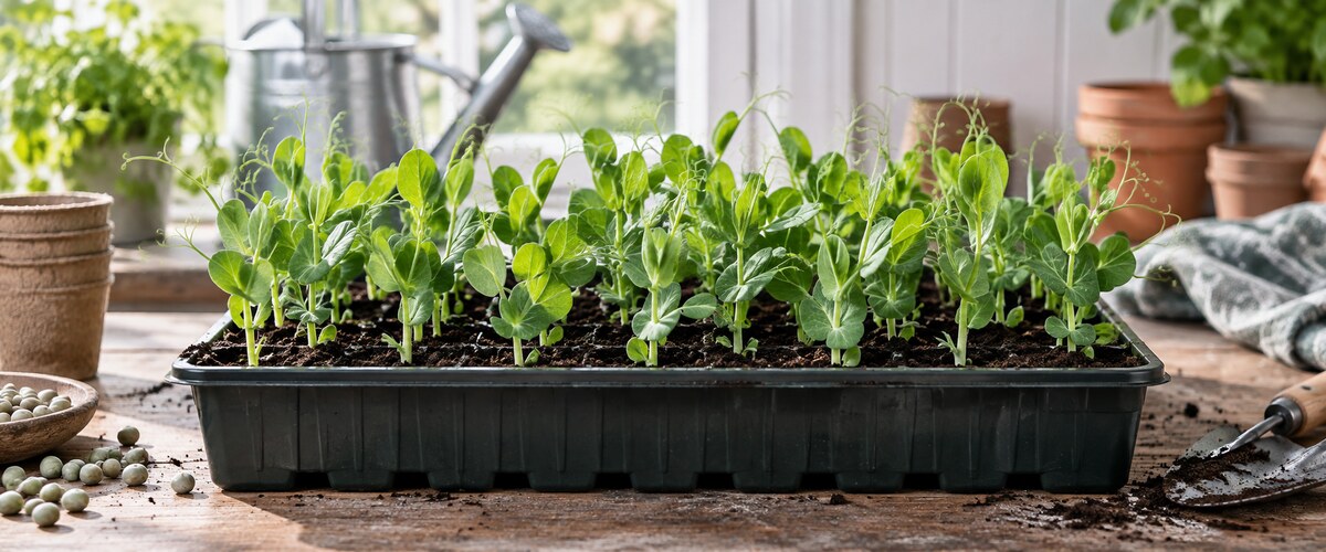 Plantelys 35 Unge ærteplanter med slyngtråde i bakke