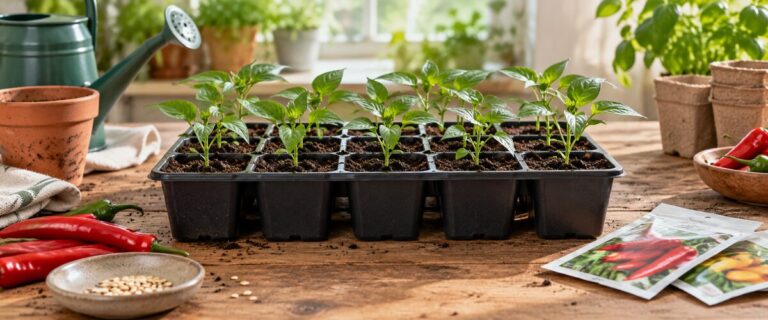 Chiliplanter under forspiring i såbakke