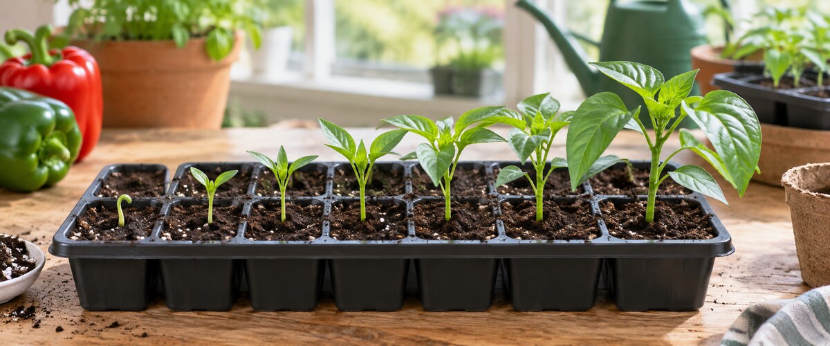 Plantelys 35 Peberfrugtplanter i forskellige stadier under forspiring