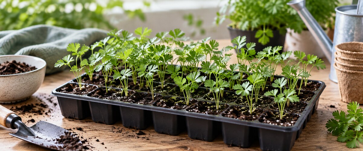 Plantelys 35 Unge persilleplanter i såbakke