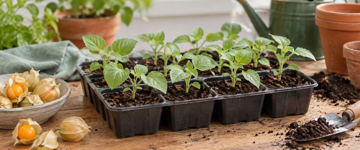 Plantelys 35 Unge physalisplanter i såbakke