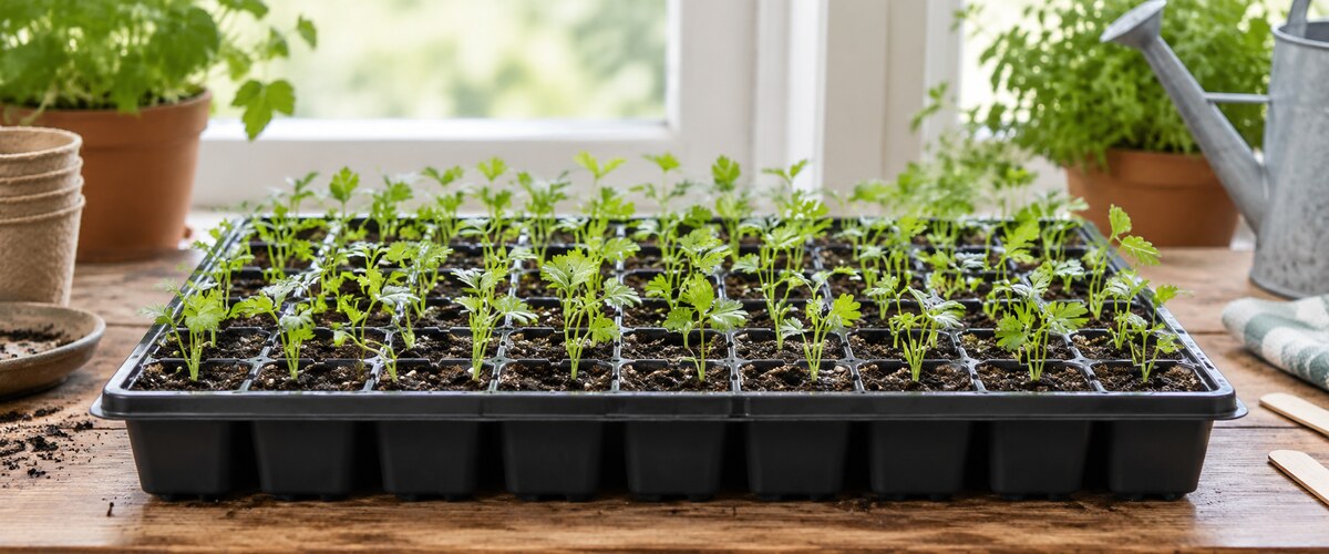Plantelys 35 Små selleriplanter i såbakke