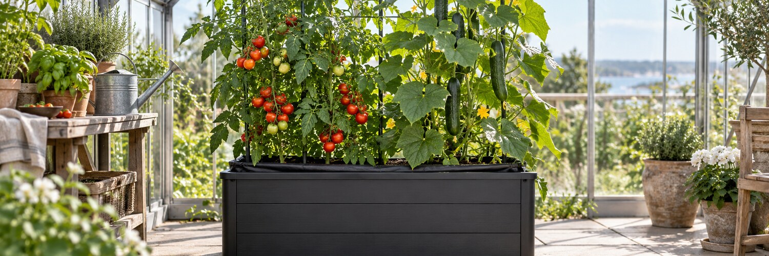 Plantelys 37 Kapillærkasse med tomat- og agurkeplanter i drivhus