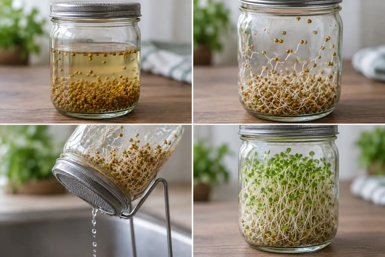 Alfalfagroddar – så här odlar du dem 1 Fyra steg från blötläggning till färdiga alfalfa-groddar med gröna blad
