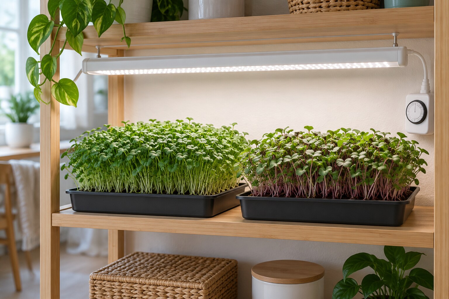 Plantelys 38 Mikrogrønt i bakker under et hvidt LED-vækstlys med timer