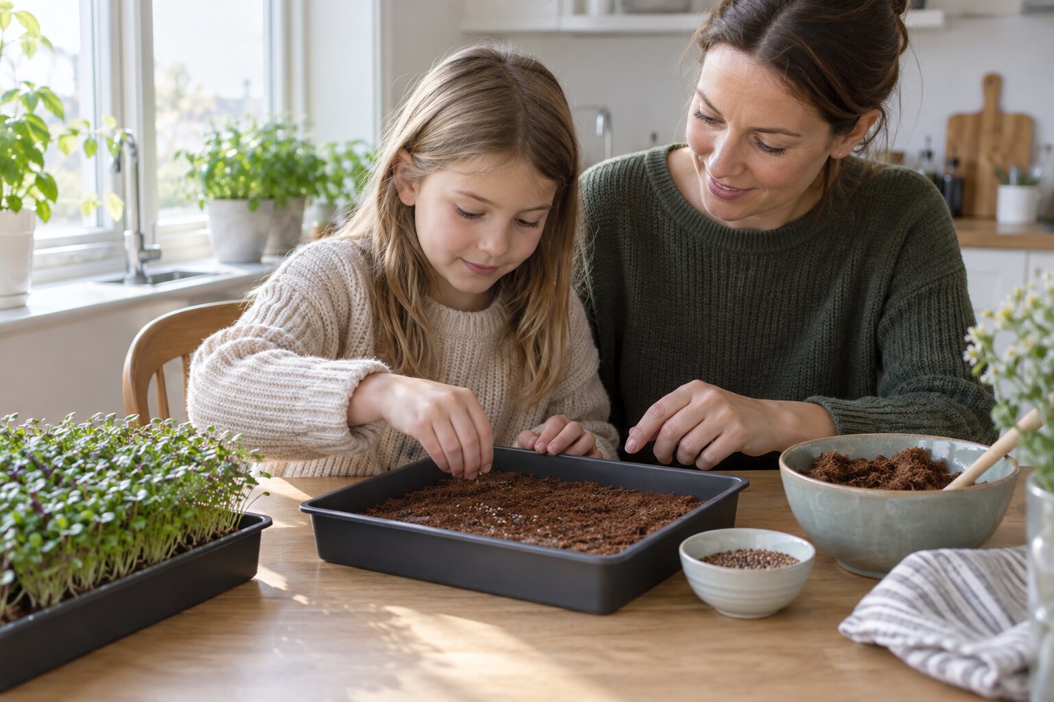 Plantelys 38 Barn og voksen sår mikrogrønt sammen i en bakke med kokosmuld