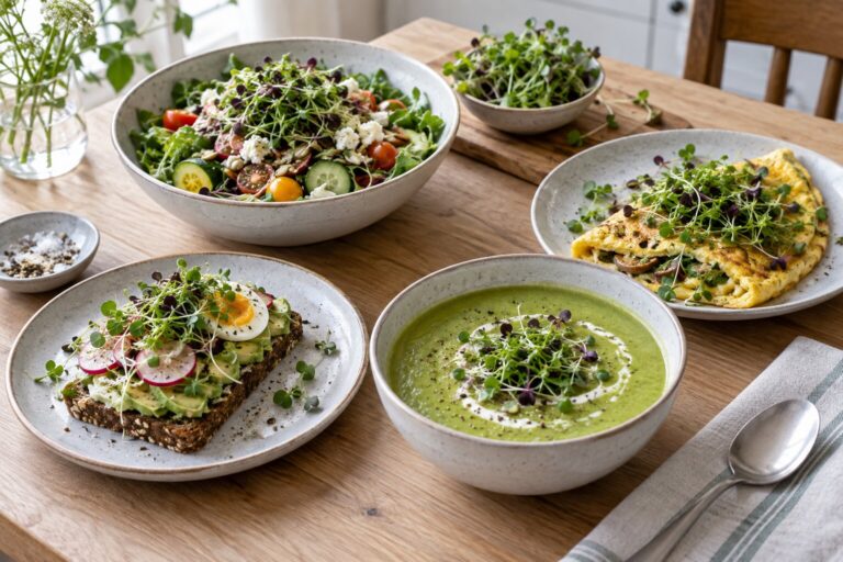 Fire retter med friske mikrogrønnsaker: salat, rugbrød, suppe og omelett