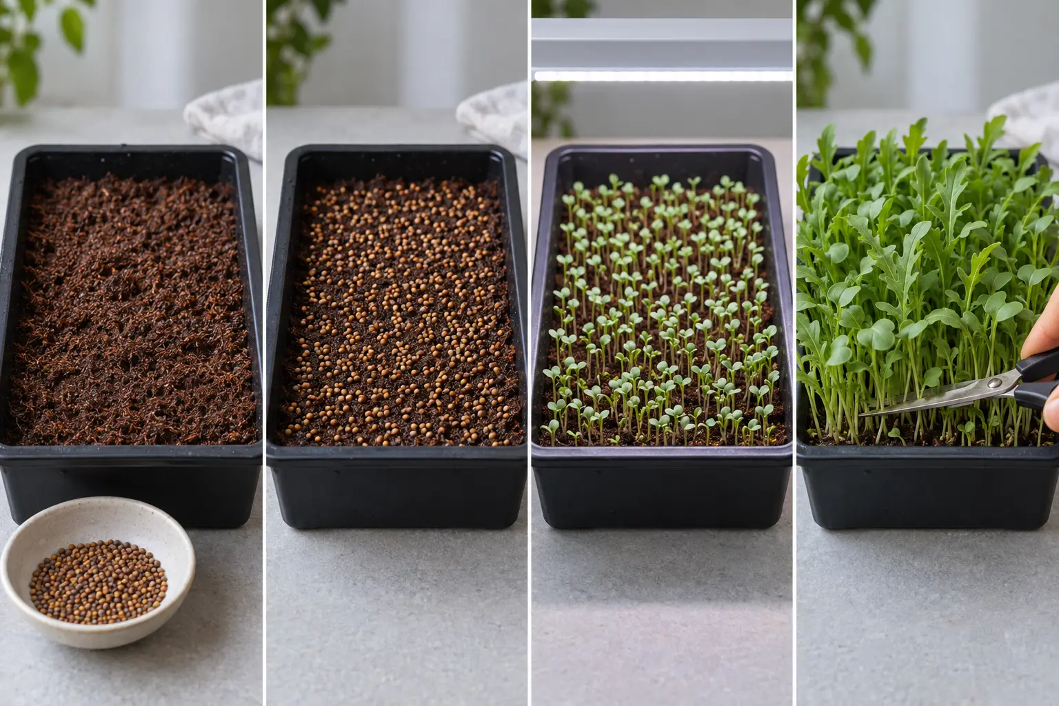 Rucola-mikrogrønnsaker – dyrking uten overvanning 1 Visuell trinn-for-trinn-veiledning for dyrking av rucola-mikrogrønnsaker, fra såing til høsting
