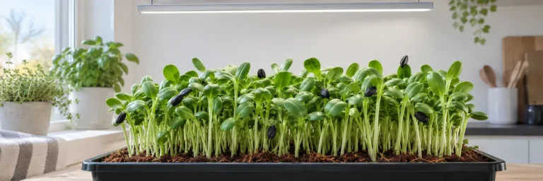 Tæt bakke med solsikkeskud dyrket på kokosfiber under grolys