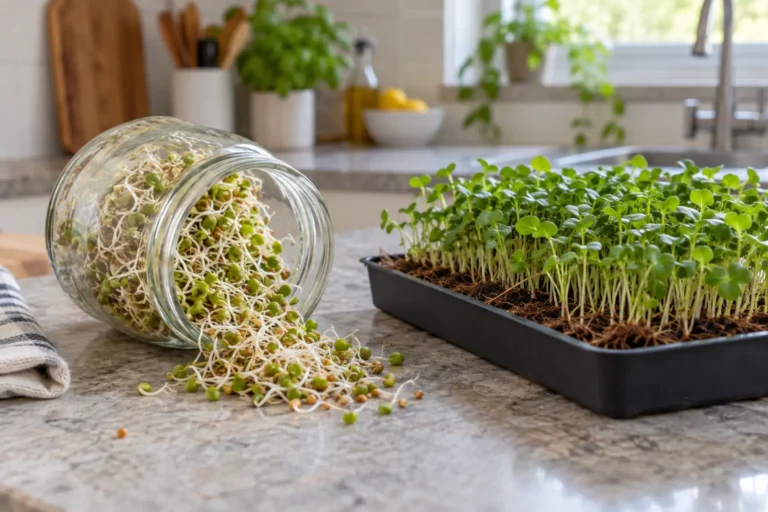 Spirer i glas og mikrogrønt i en bakke med kokosfiber vist side om side