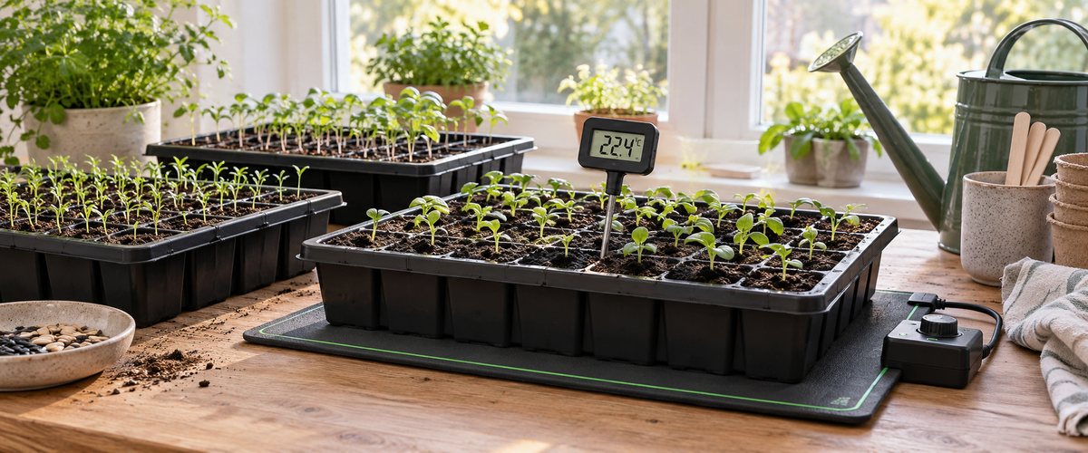 Plantelys 35 Forspiringsbakker på varmemåtte med termometer til måling af spiretemperatur
