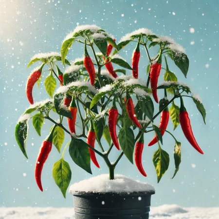 DALL·E 2024-10-03 13.56.39 - A beautiful chili plant with plenty of green leaves and vibrant red chilies, standing in the snow in a black pot. The plant has a small amount of snow